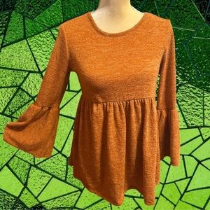 Ces Femme Medium Peplum Orange Blouse Fit Flare Long Sleeve Knit Shirt Copper